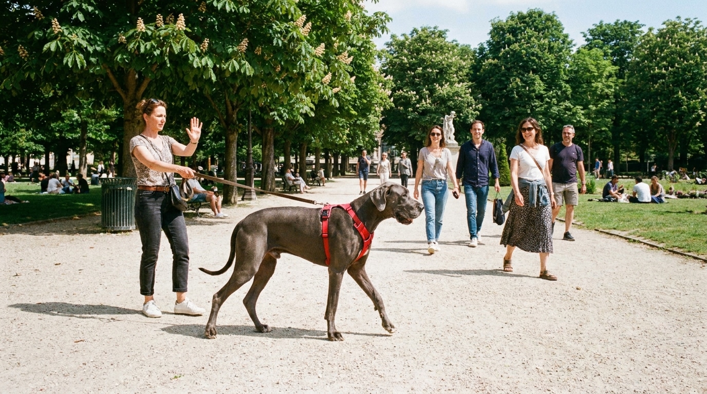 Je suis tombé sur un chien avec un harnais rouge vif au parc - Sa propriétaire m'a