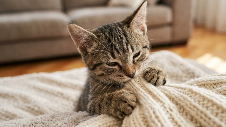 J'ai adopté un chaton qui tète les couvertures chaque soir en pensant à un simple câlin : ce comportement cache un détail ...