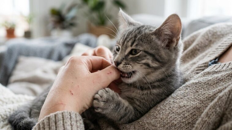 Mon chaton me mordait la main à pleine mâchoire en jouant et je trouvais ça mignon : la vétérinaire m'a demandé à quel âge...