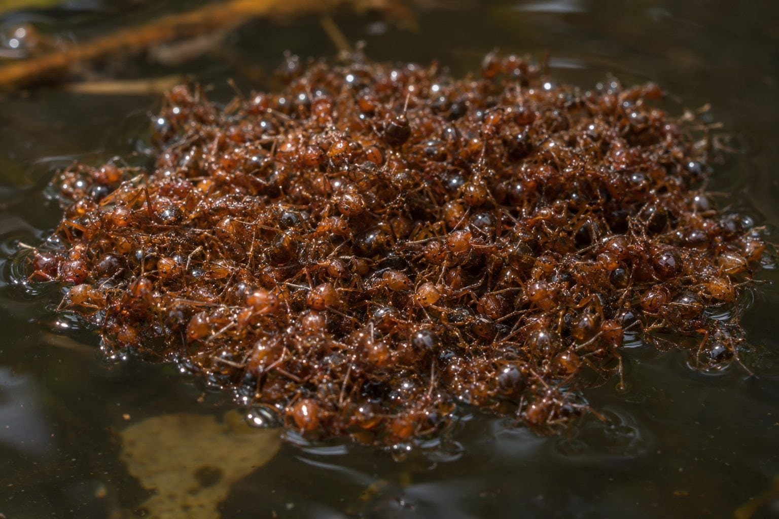 Fourmis de feu formant un radeau étanche sur l'eau