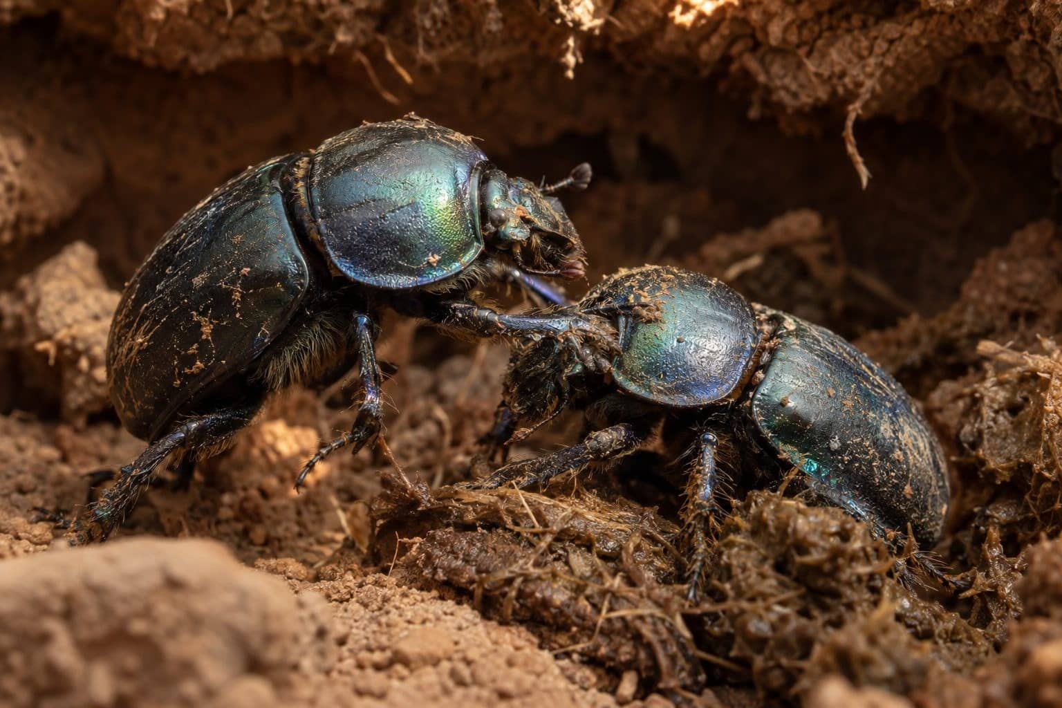 Scarabée bousier Geotrupes egeriei en train de repousser un concurrent