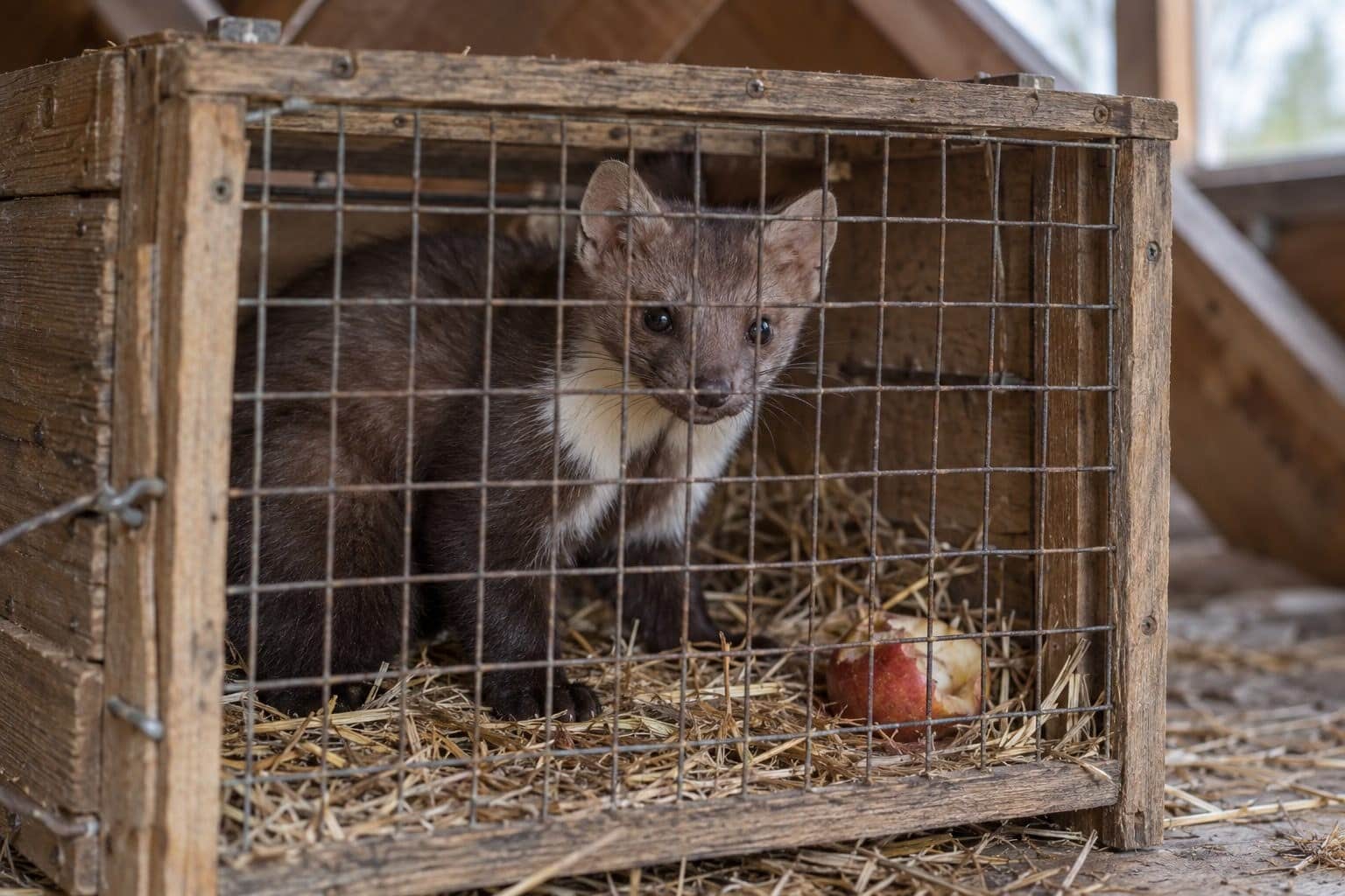 Une fouine capturée dans une cage de piégeage en bois avec de la paille et des fruits