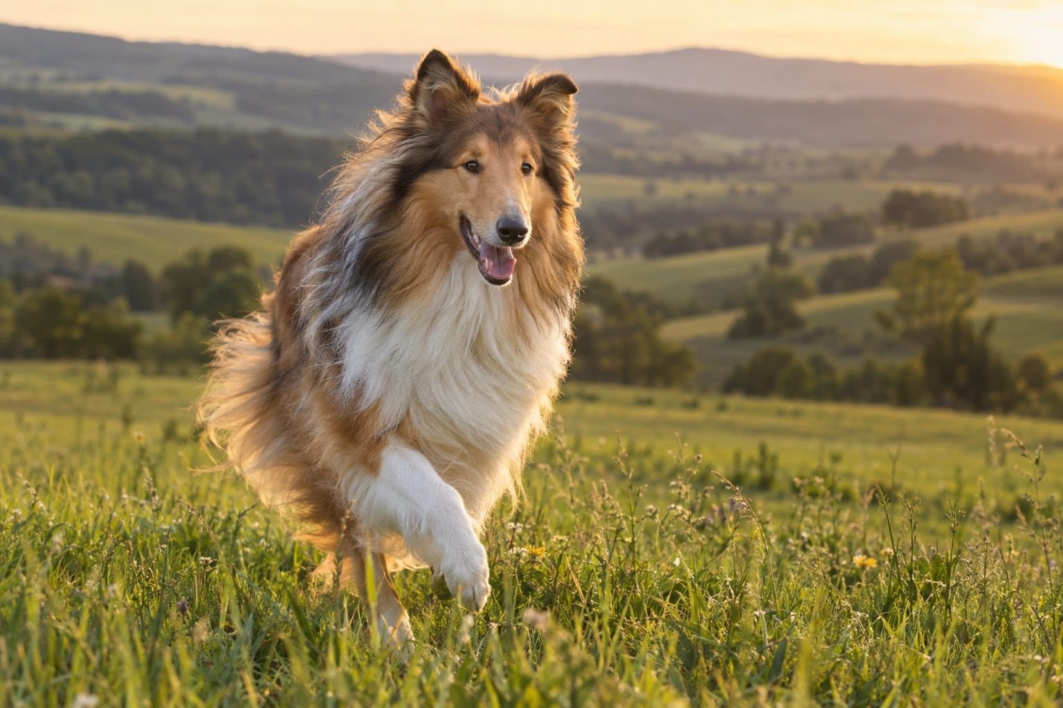 Un Collie à poil long de couleur fauve et blanc, courant dans une prairie verdoyante avec des collines en arrière-plan, capturant l'essence du héros fidèle du cinéma