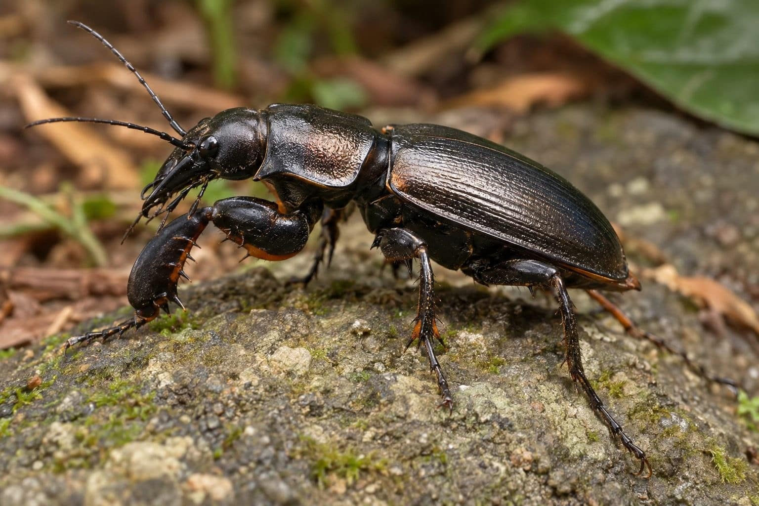 La coccinelle Agra schwarzeneggeri vue de profil montrant ses puissantes mandibules
