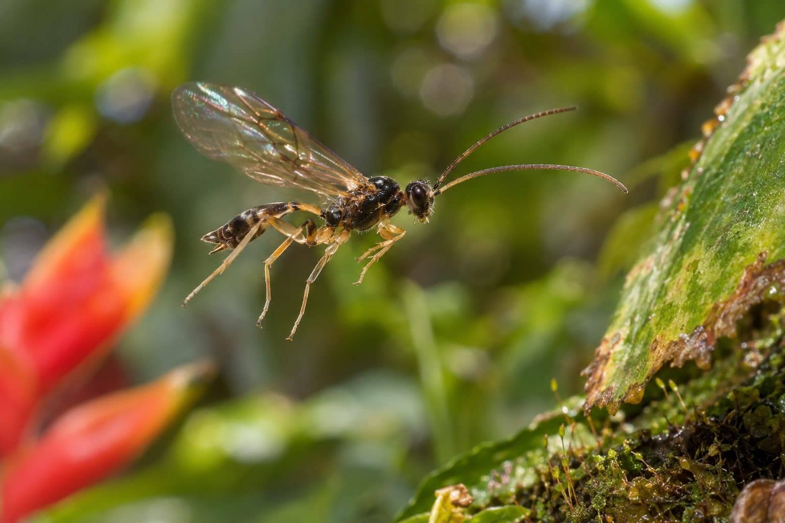 La guêpe Aleiodes shakirae en vol actif chassant dans un environnement tropical