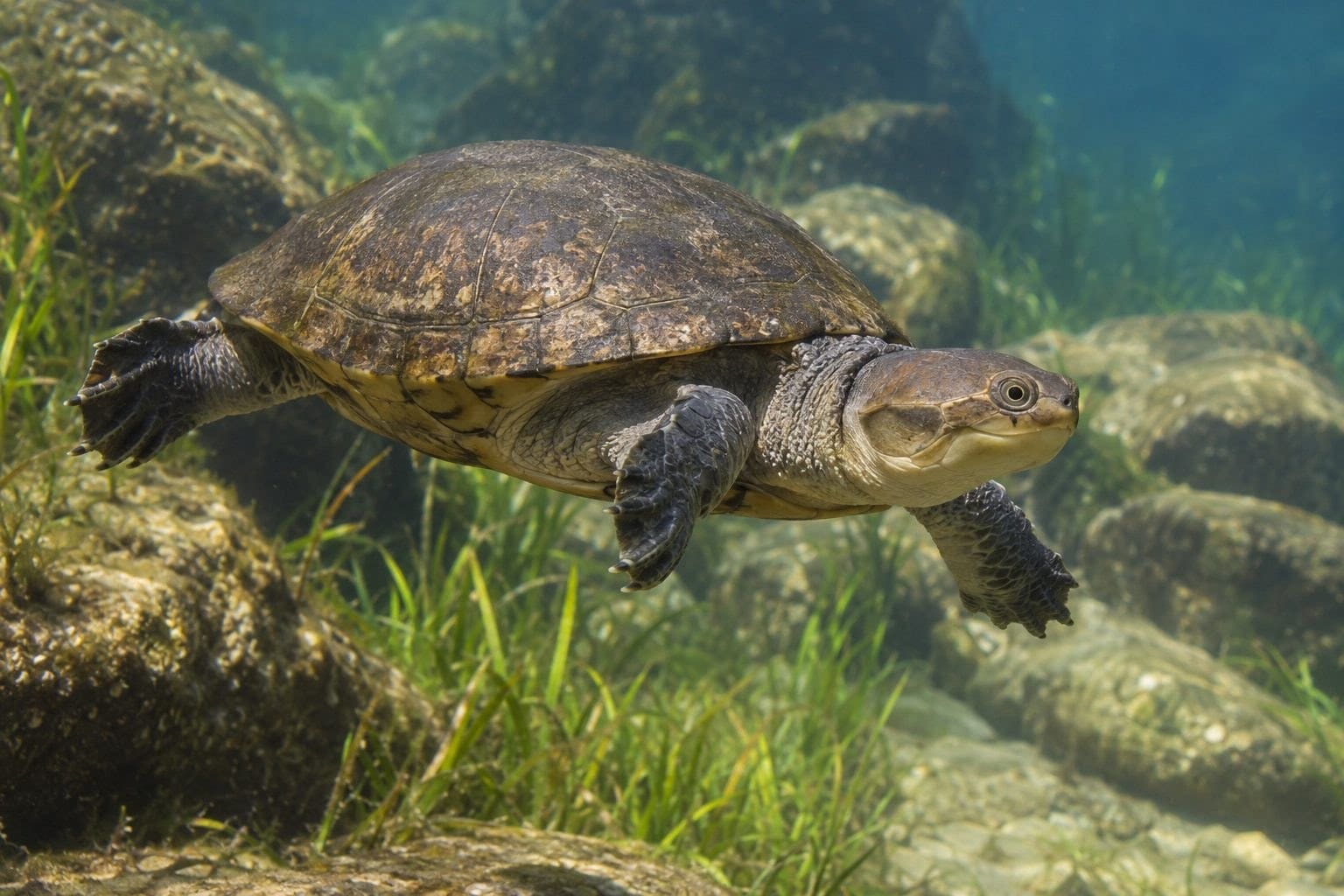 Tortue Pelomedusa subrufa nageant dans une eau claire