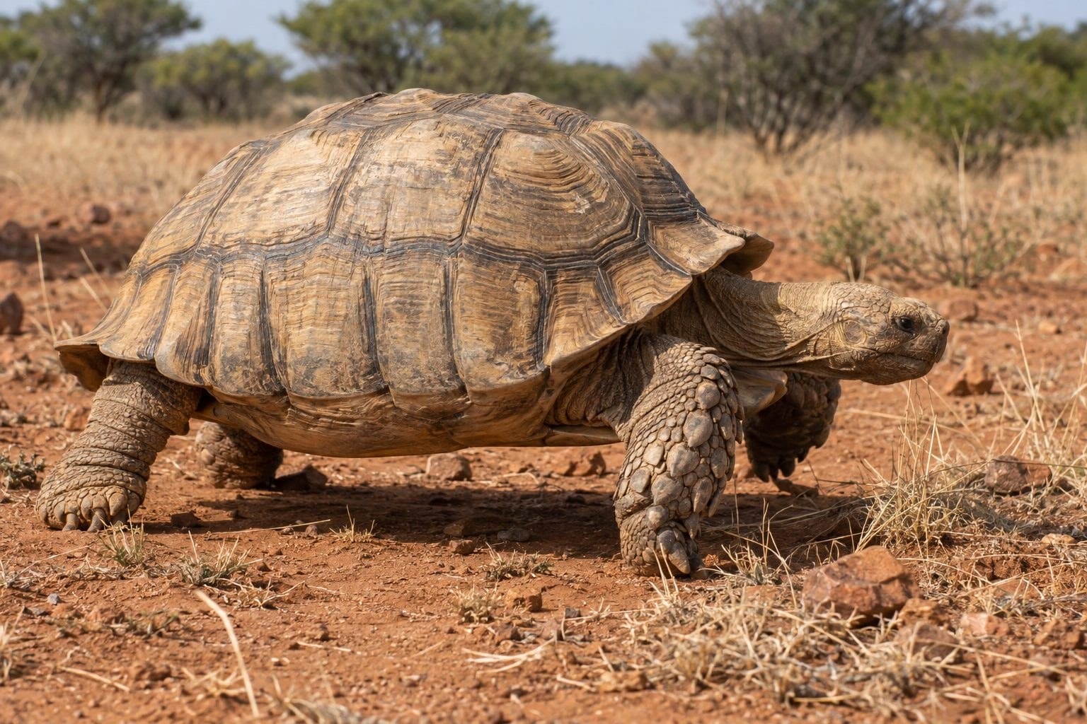 Tortue sillonnée vue de profil montrant sa taille imposante