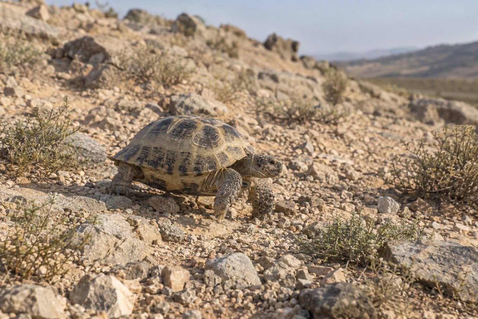 Tortue de Horsfield se déplaçant sur un terrain aride rocailleux