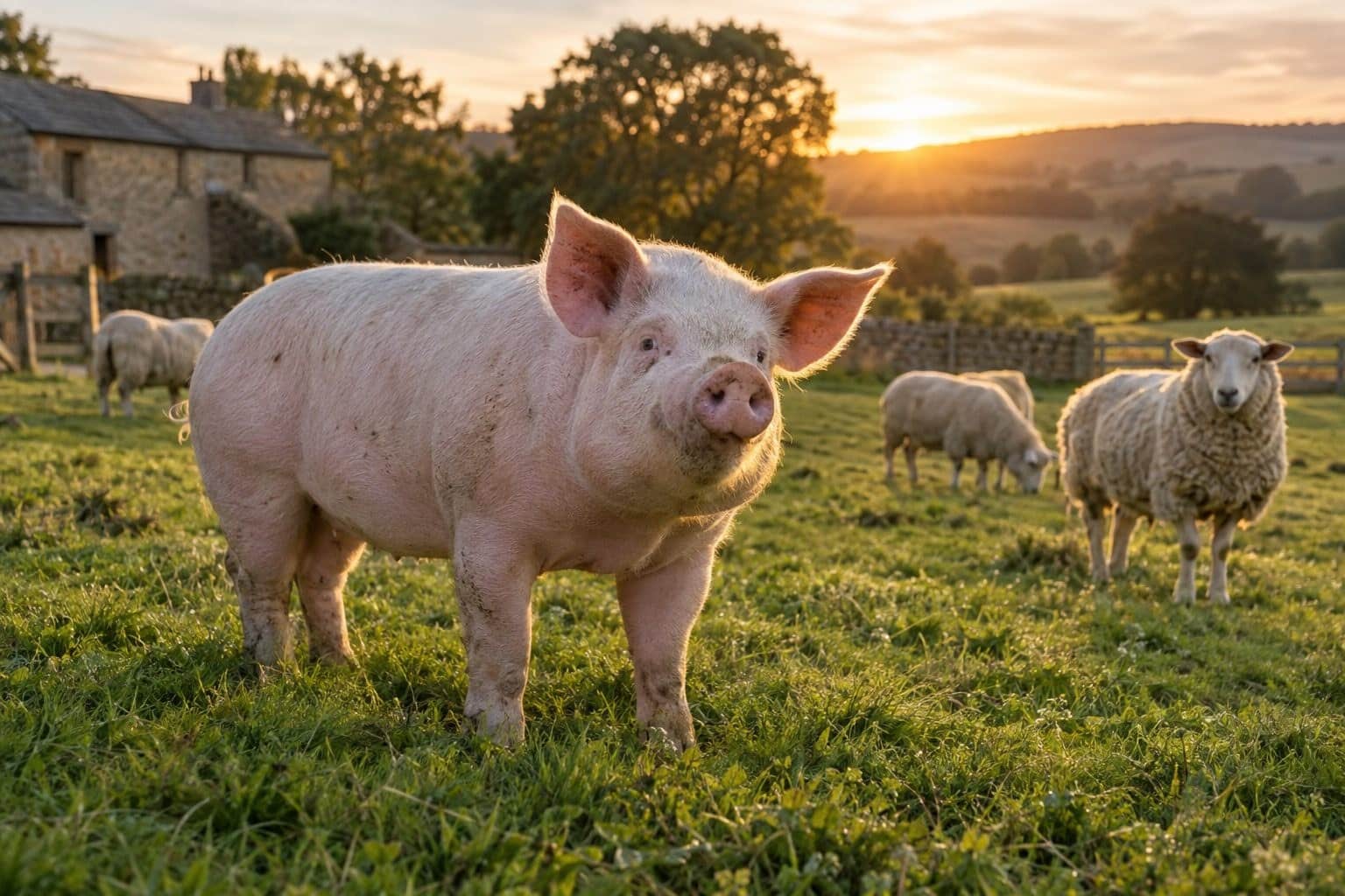 Un cochon rose et blanc dans une prairie verte avec des moutons