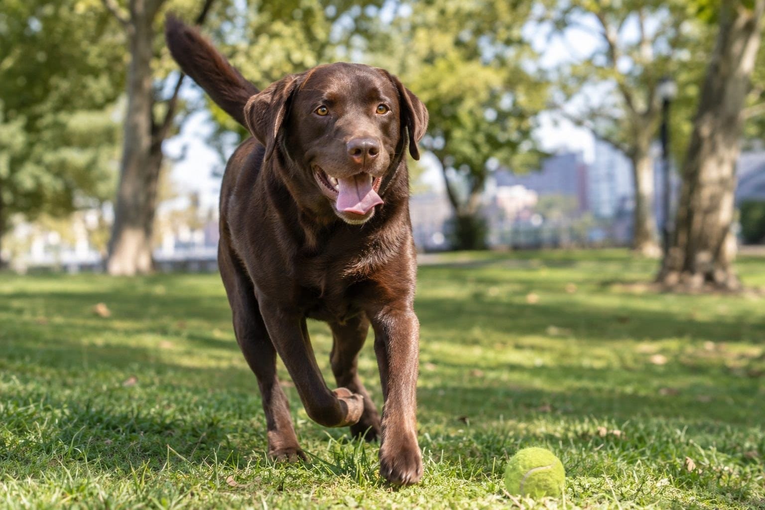 Un labrador chocolat jouant joyeusement avec une famille dans un parc urbain