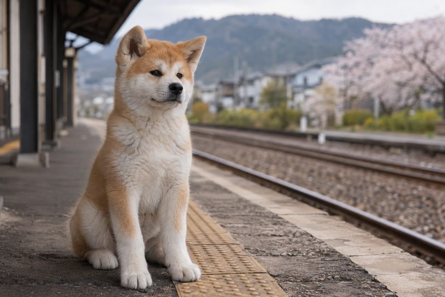 Un petit chiot Akita Inu regardant vers l'horizon, assis seul sur un quai ou gare