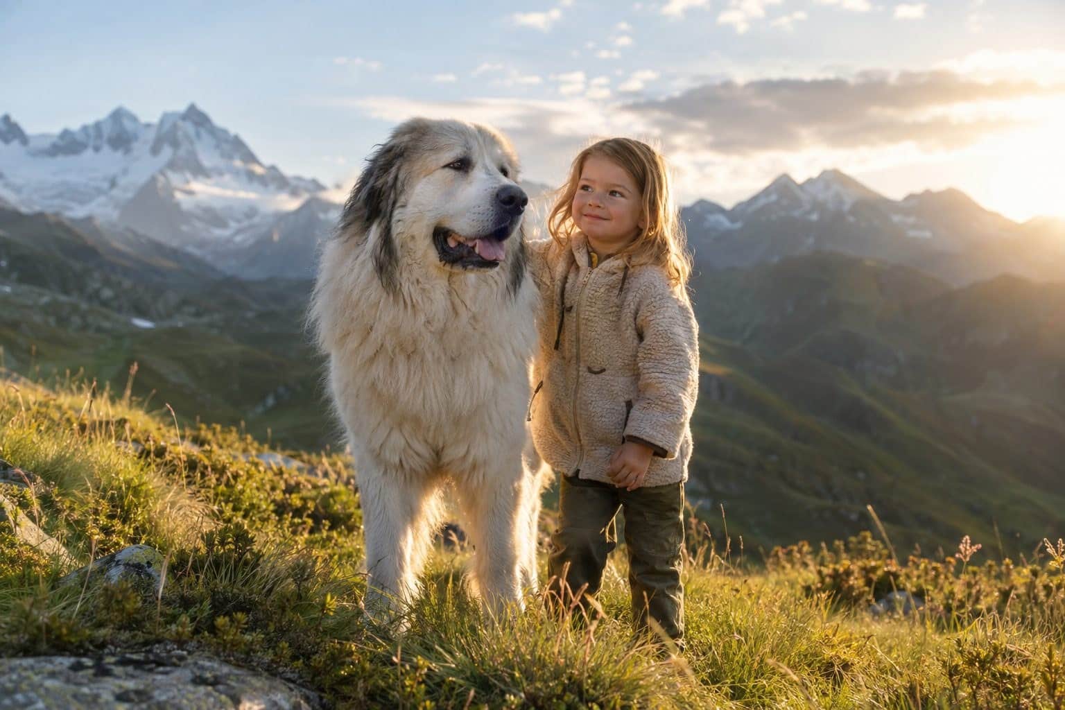 Une grande chienne blanche et grise des Alpes avec un enfant dans un paysage montagneux