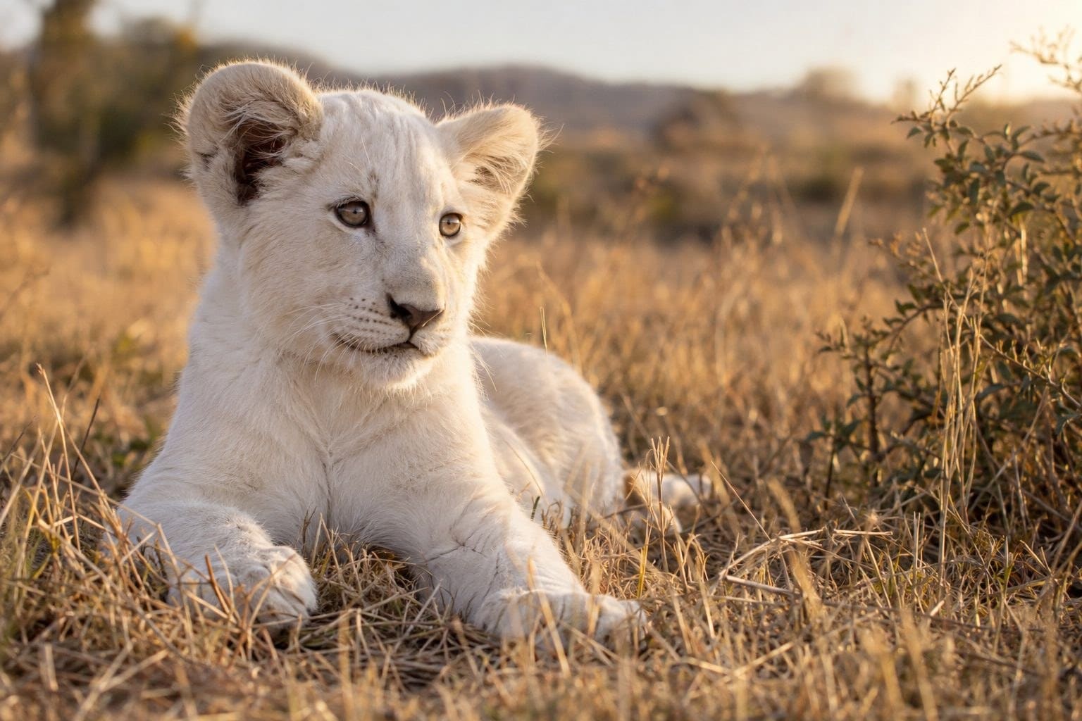 Un lionceau blanc couché ou jouant dans une savane africaine avec herbes sèches