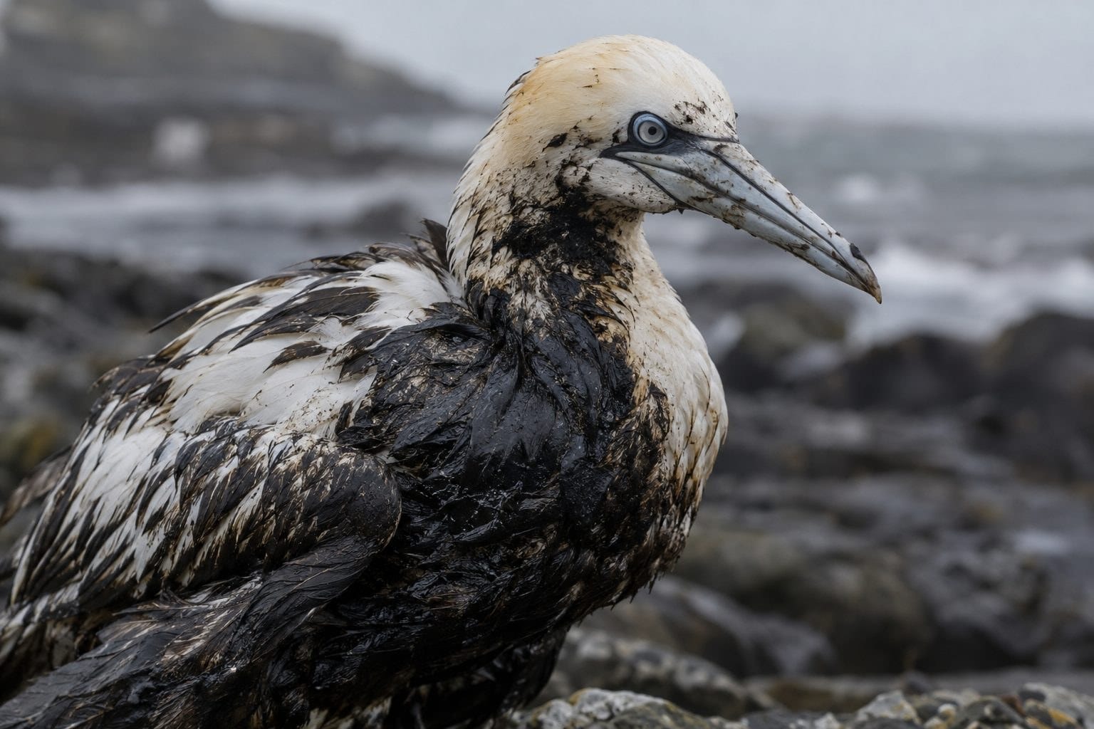Oiseau marin (goéland ou fou) couvert de pétrole et résidu noir