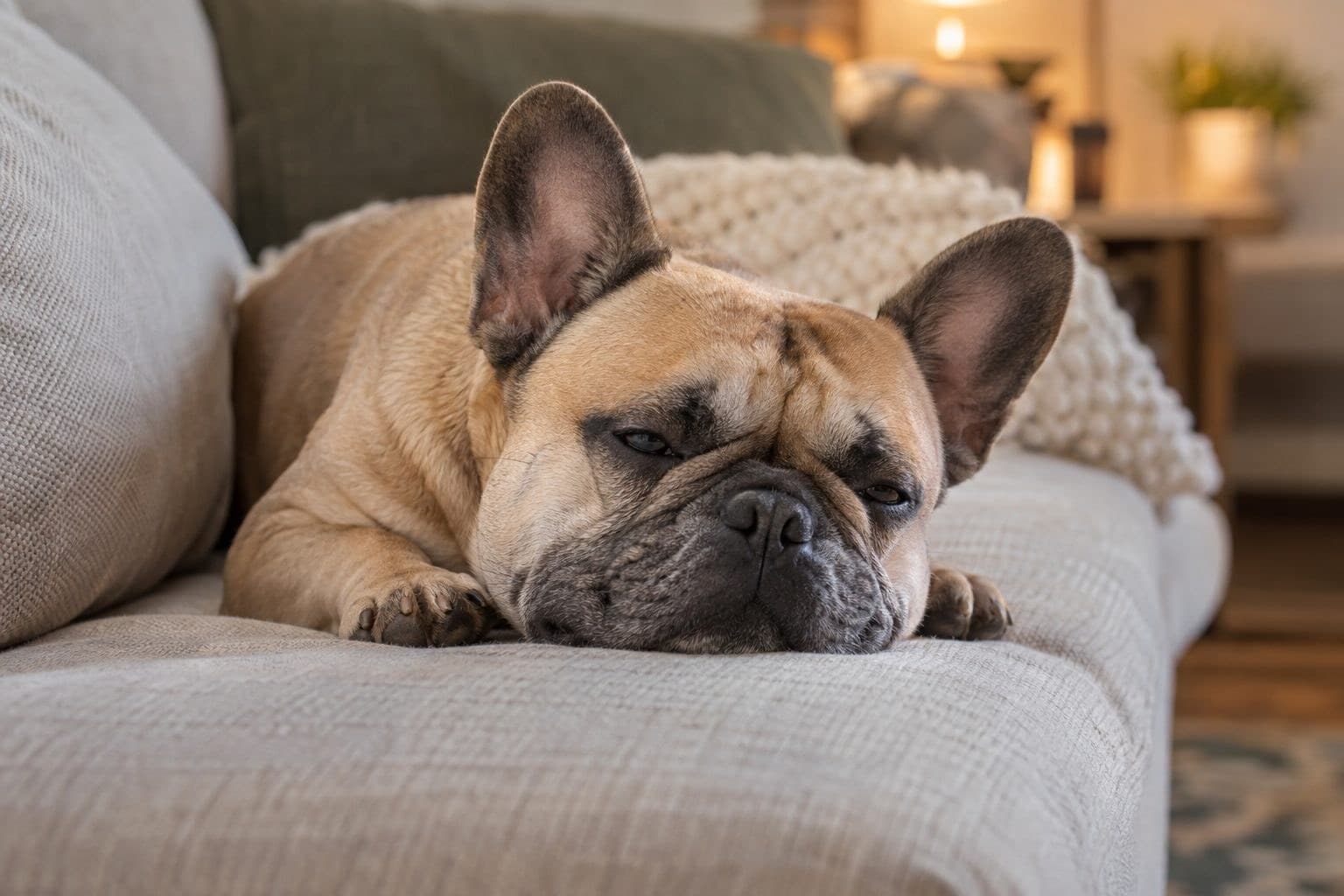 Bouledogue français au repos sur un canapé
