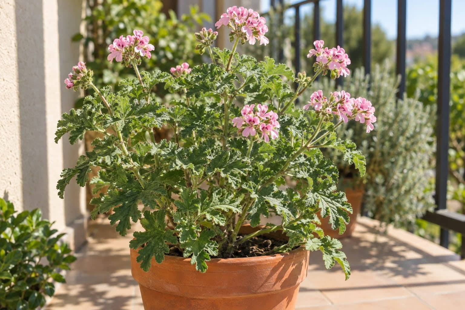 Pélargonium (Pelargonium graveolens) - plant entier en pot avec fleurs roses