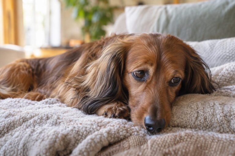 Chien Teckel à poil long montrant des signes de souffrance et d'abattement