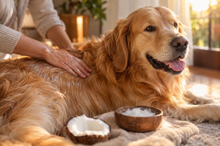 Un chien golden retriever se faisant masser le pelage avec de l'huile de coco par la main d'un propriétaire, gros plan sur le poil brillant et la texture de l'huile
