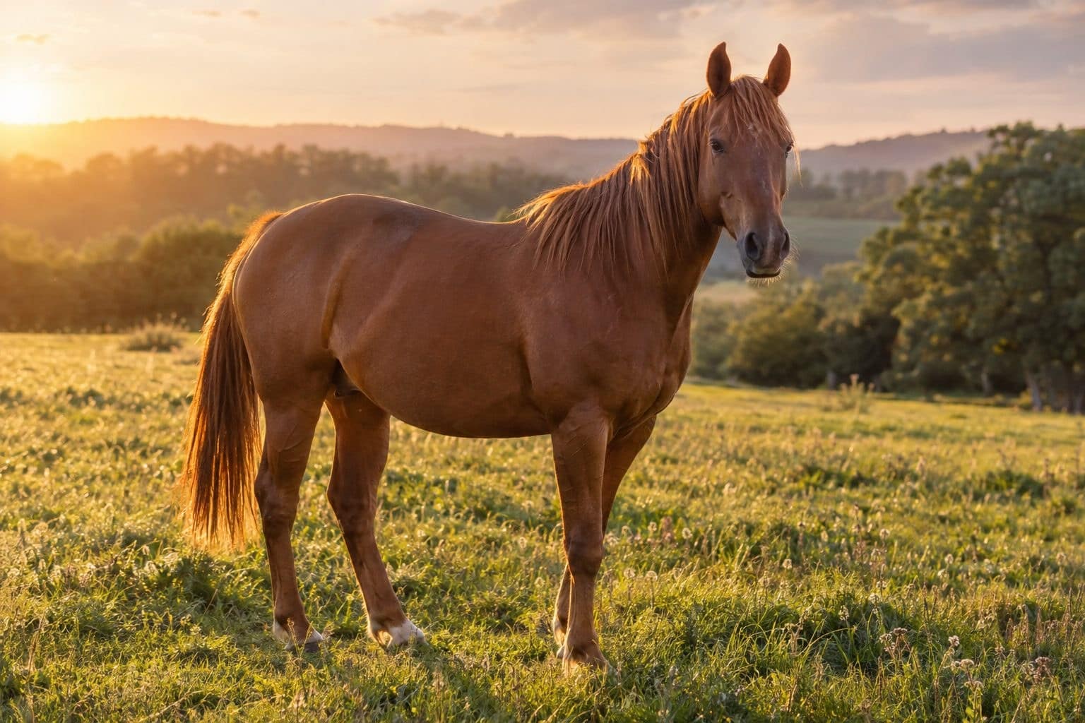 Cheval alezan au repos dans un pré