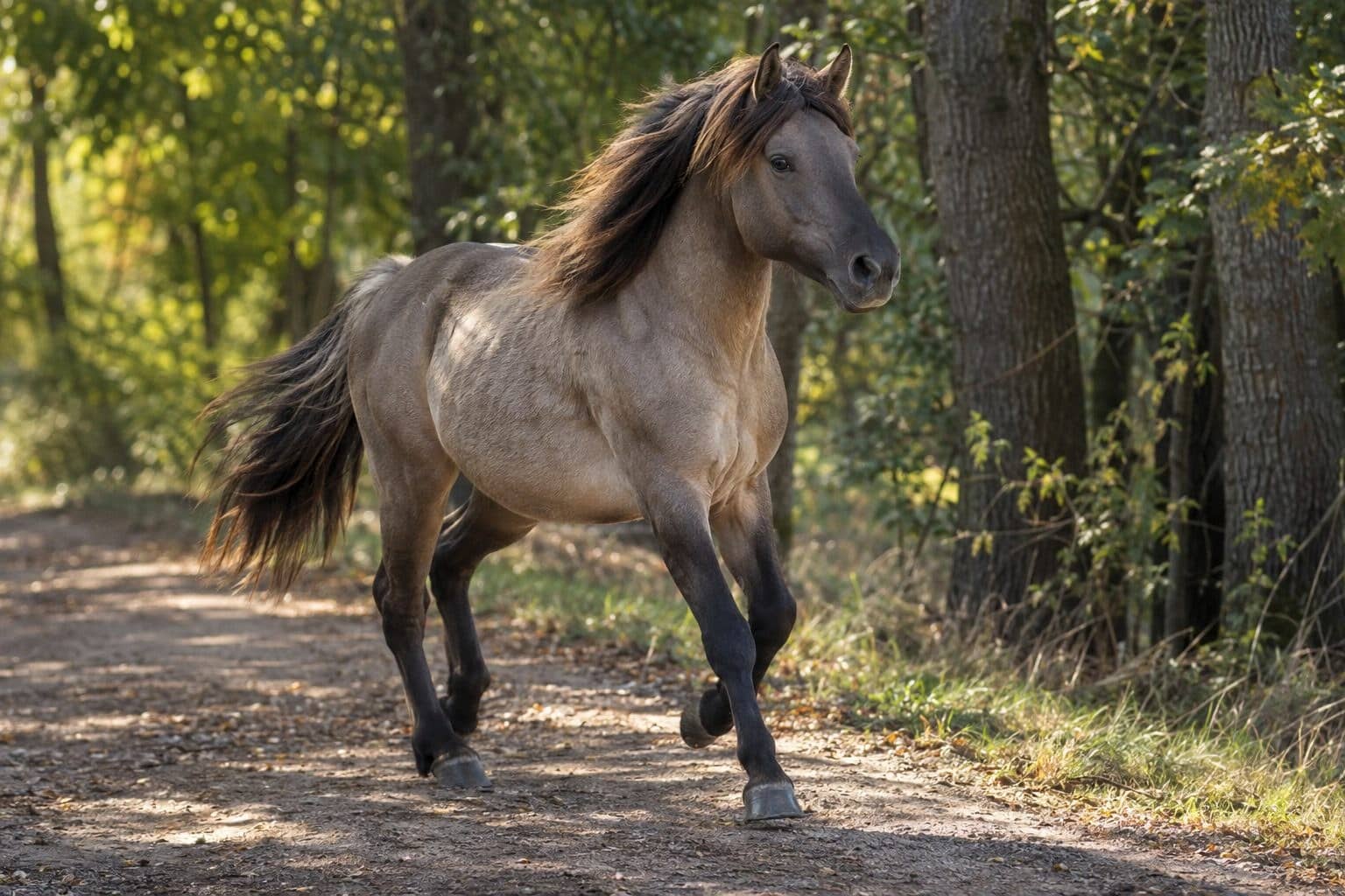 Cheval louvet au trot dans un chemin