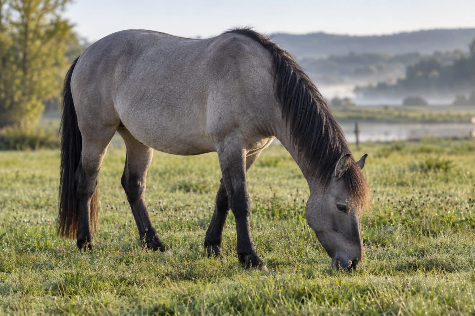 Cheval souris paissant dans un pré