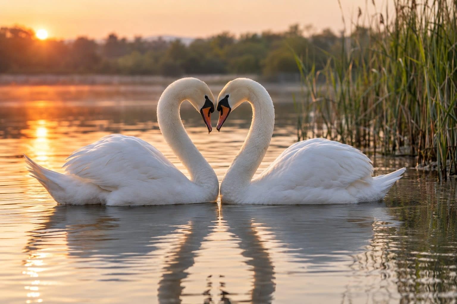 Deux cygnes formant un cœur avec leurs cous