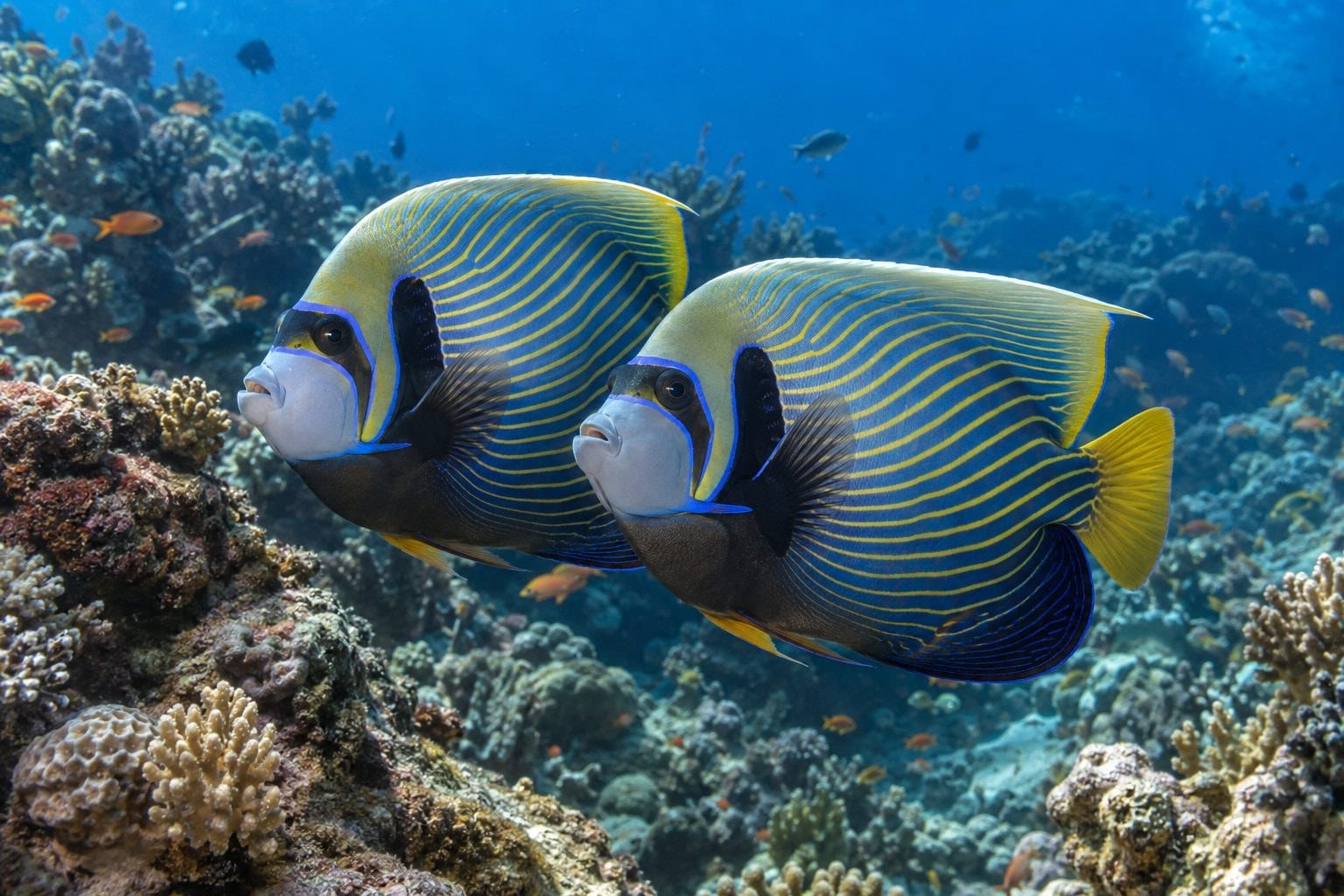 Deux poissons-anges nageant côte à côte
