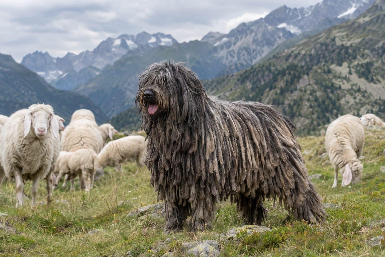 Berger de Bergame adulte gardant un troupeau de moutons en montagne alpine