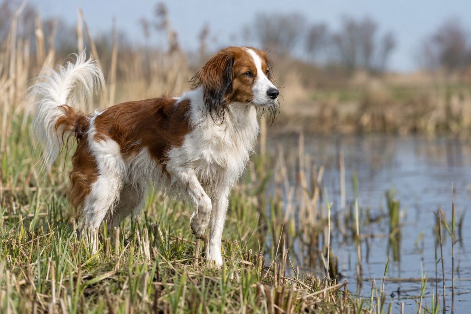 Kooikerhondje à l'eau, apprêt à chasser