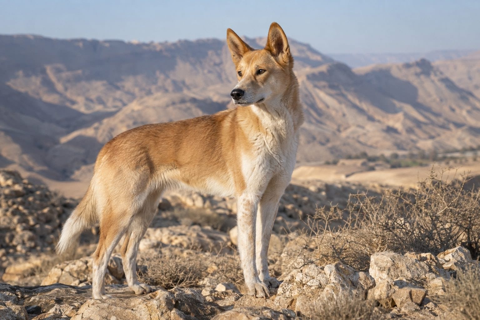 Chien de Canaan en terrain rocheux palestinien