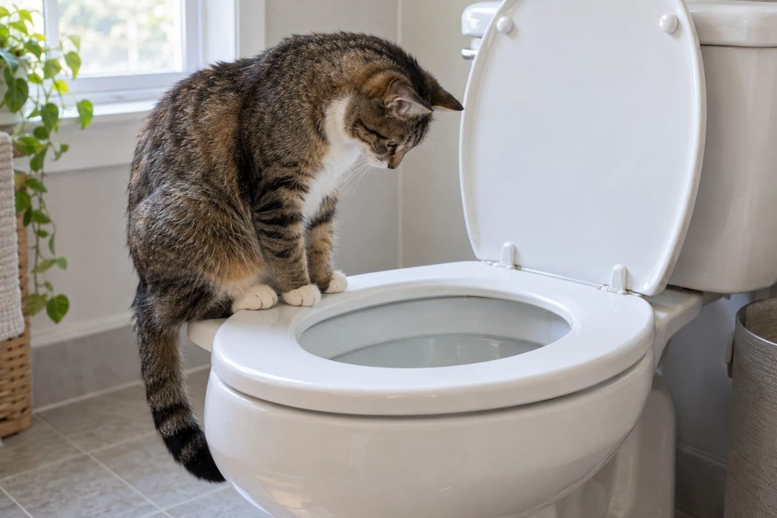 Un chat domestique assis sur la lunette des toilettes
