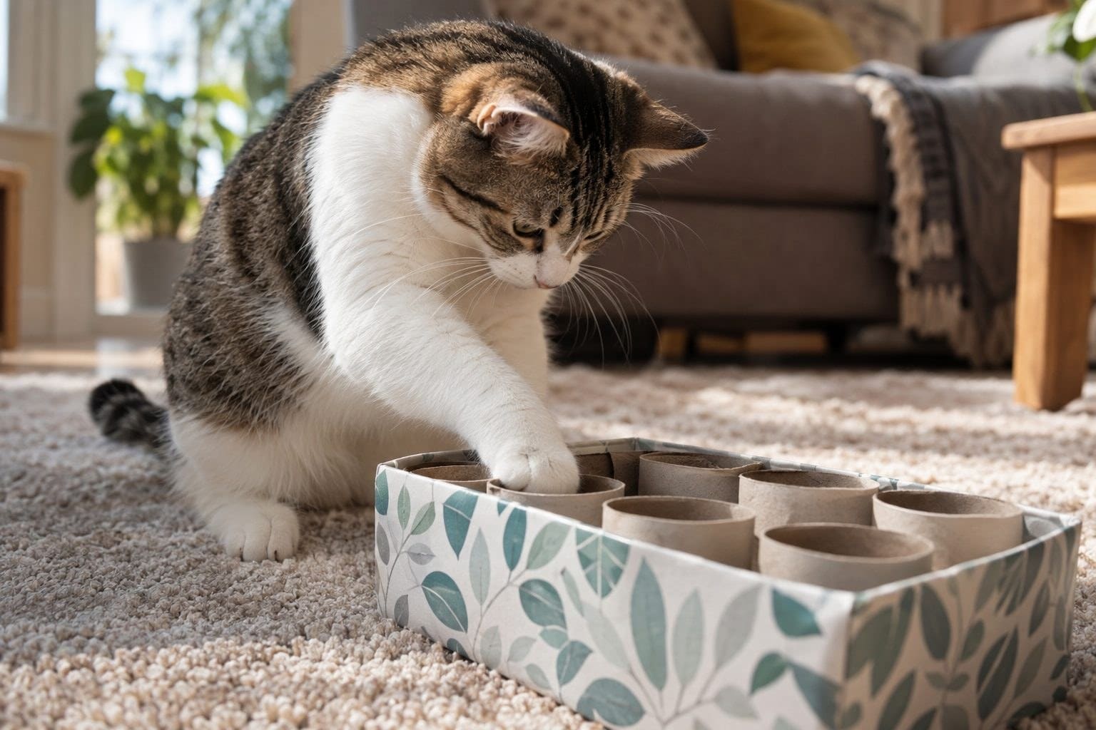 Un chat jouant avec une boîte de mouchoirs remplie de rouleaux de papier toilette verticals, cherchant des croquettes dans les trous