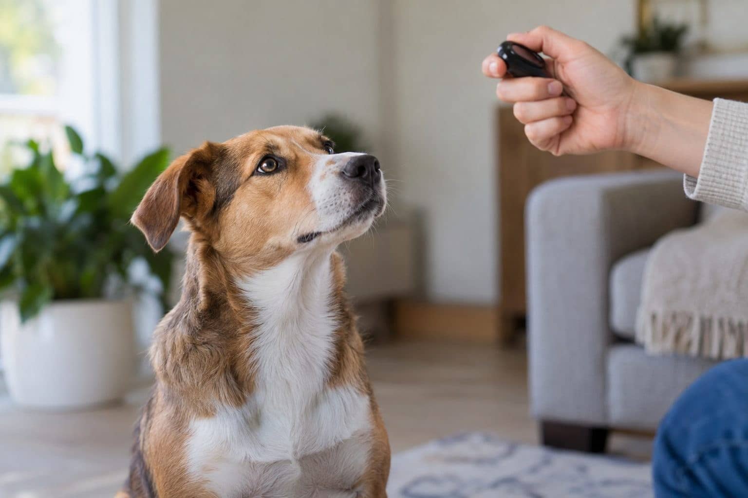 Chien (race mixte) en train de recevoir un renforcement positif avec un clicker lors d'une séance d'éducation