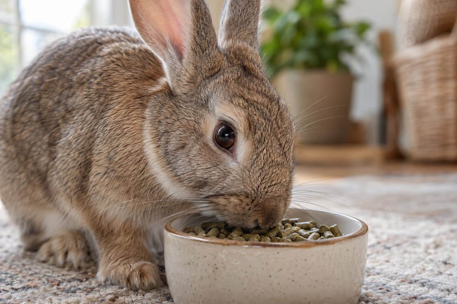 Lapin européen mangeant des granulés dans une gamelle