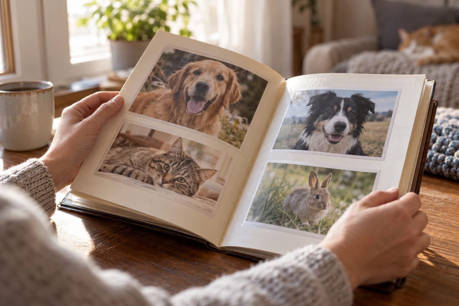 Mains d'une personne feuilletant tendrement un album photo souvenirs avec des photos d'animaux de compagnie