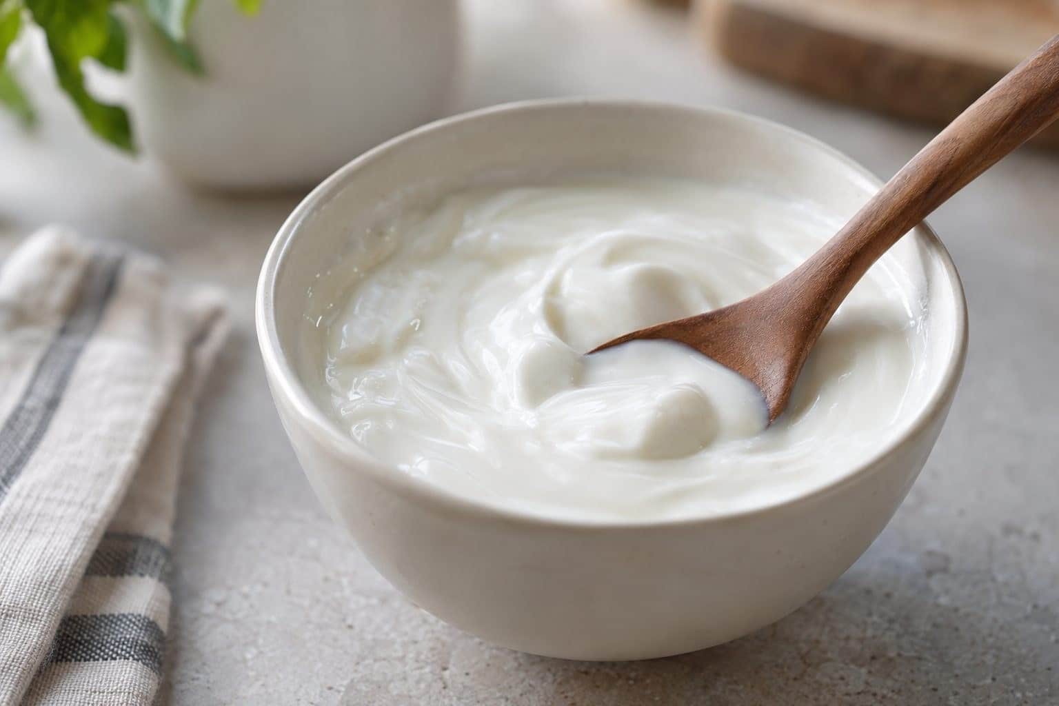 Un bol de yaourt nature blanc avec une cuillère, montrant la texture crémeuse du yaourt
