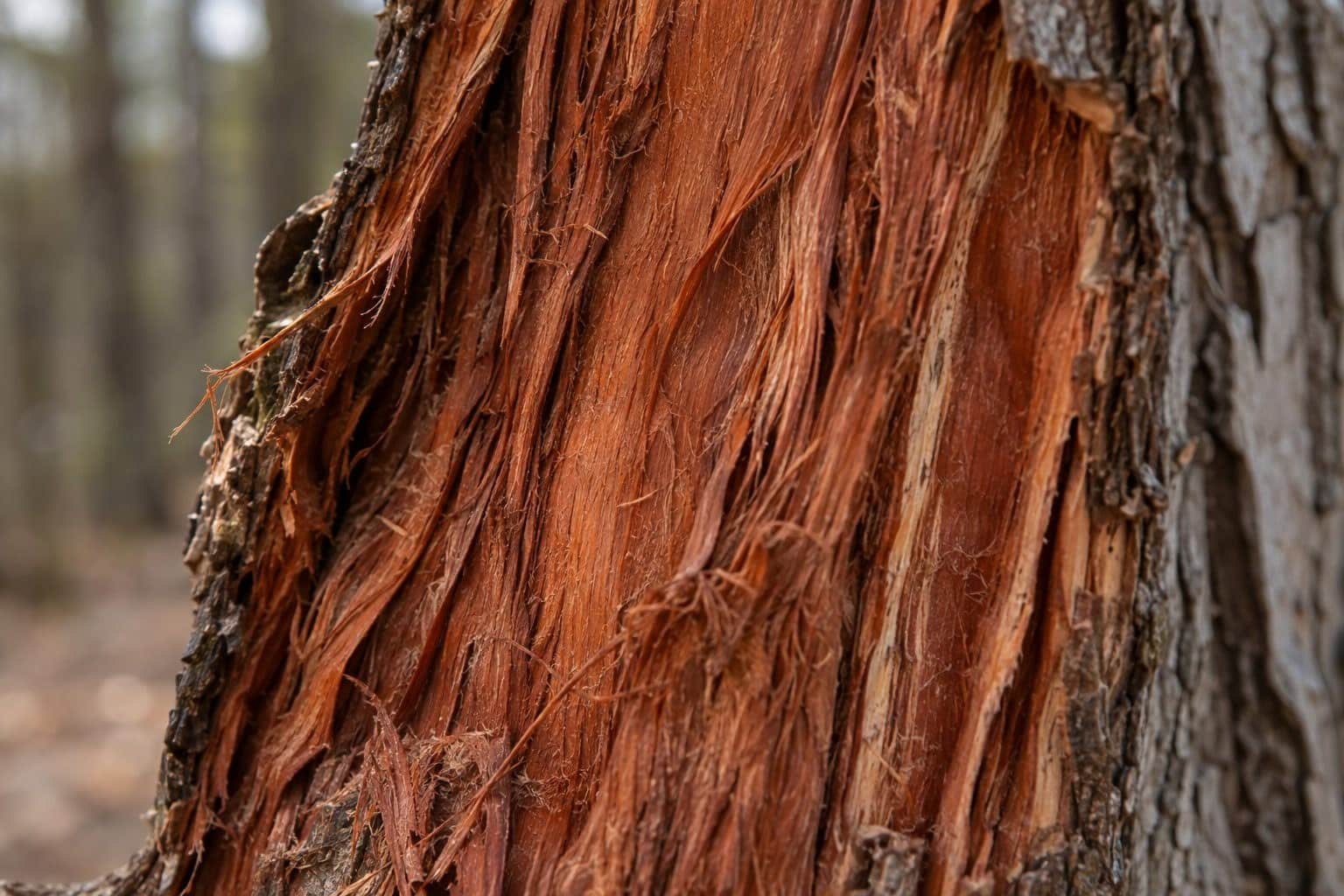 Un détail de l'écorce rouge caractéristique de l'Orme rouge (Ulmus rubra), montrant sa texture