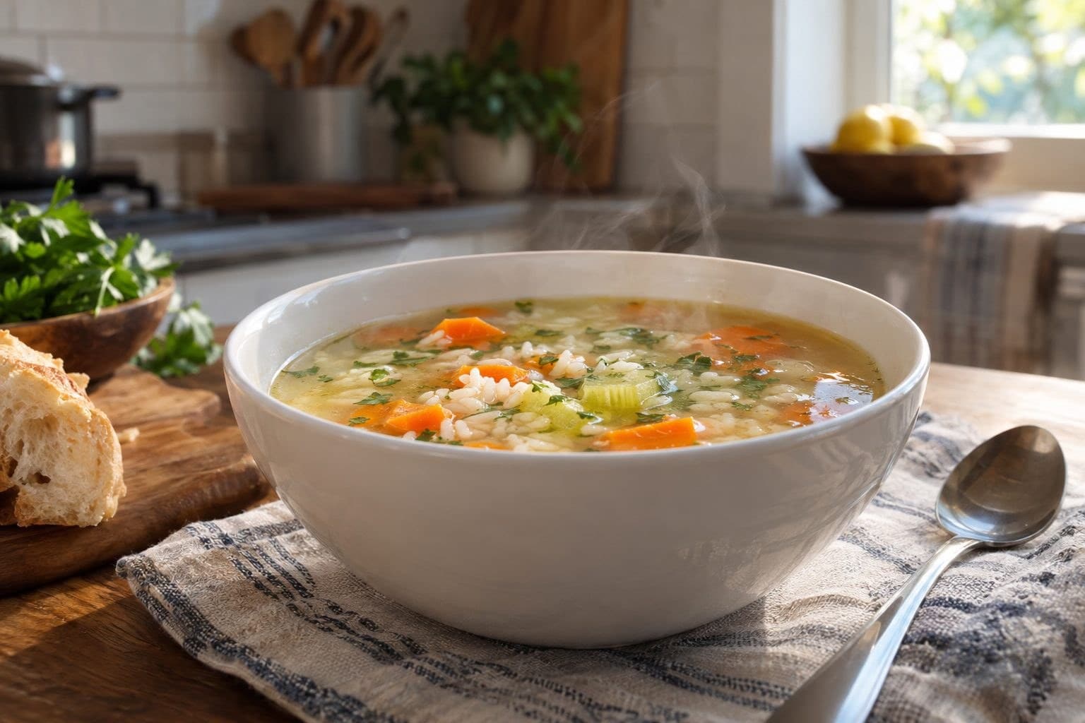 Un bol de bouillon clair avec des légumes et du riz visible à l'intérieur, vapeur montante