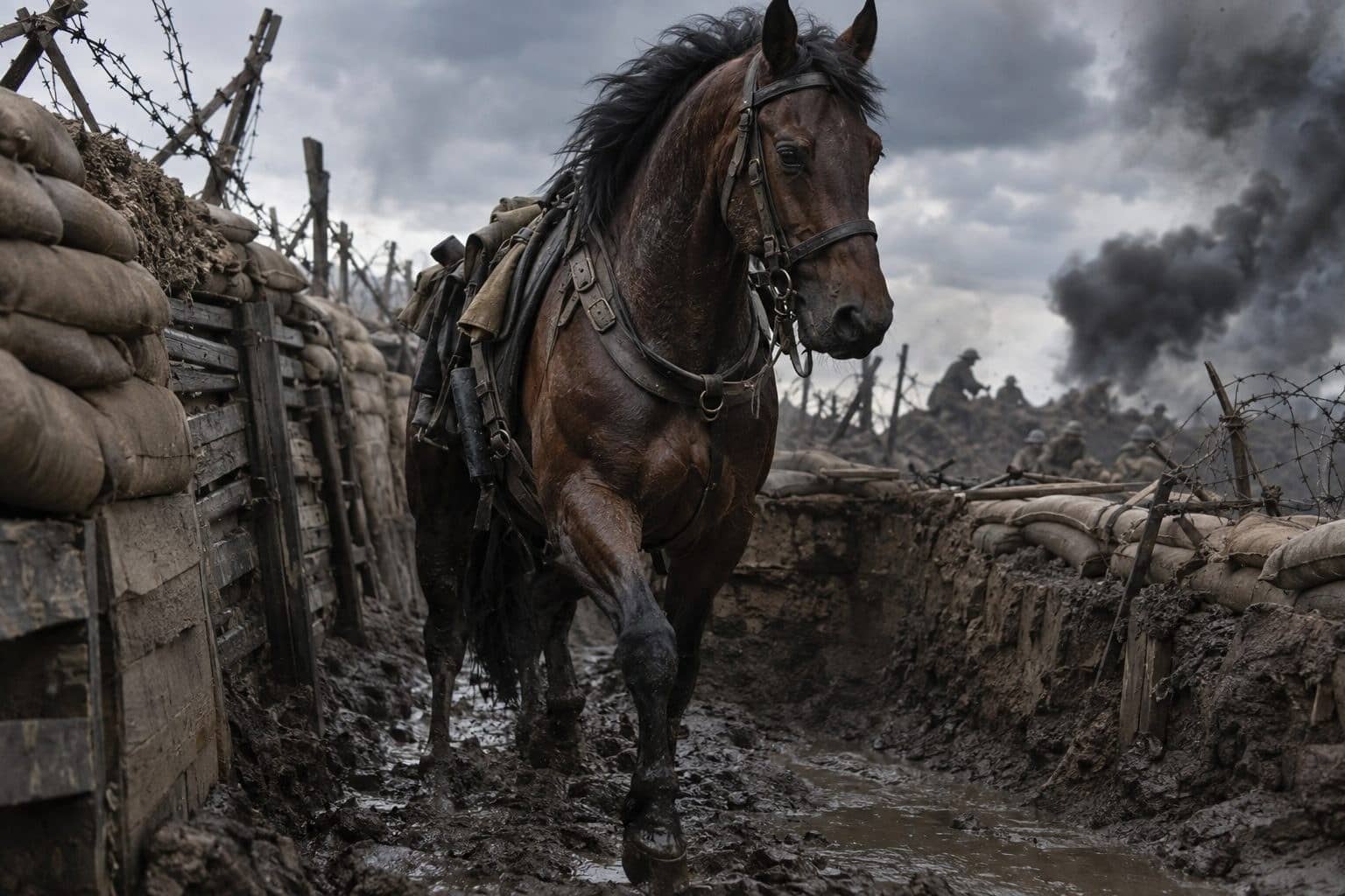 Le cheval Warrior, hongre bai, en action pendant la Première Guerre mondiale