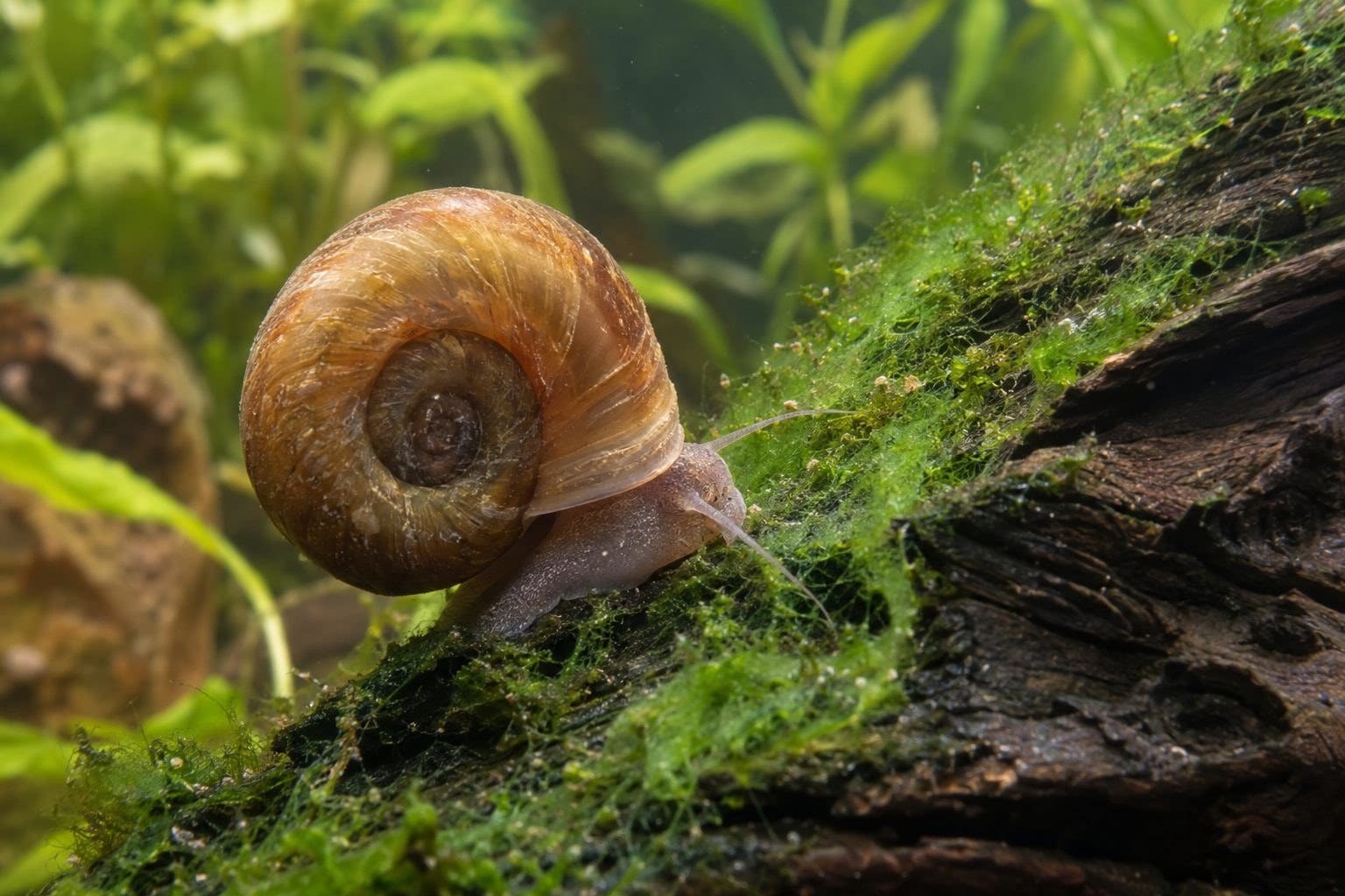 Escargot planorbe mangeant une algue sur un décor d'aquarium