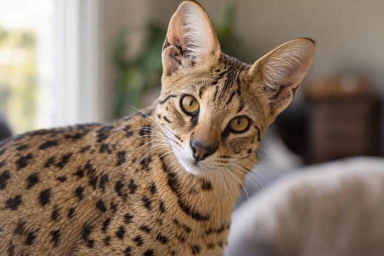 Chat Savannah adulte, portrait rapproché montrant ses caractéristiques distinctives