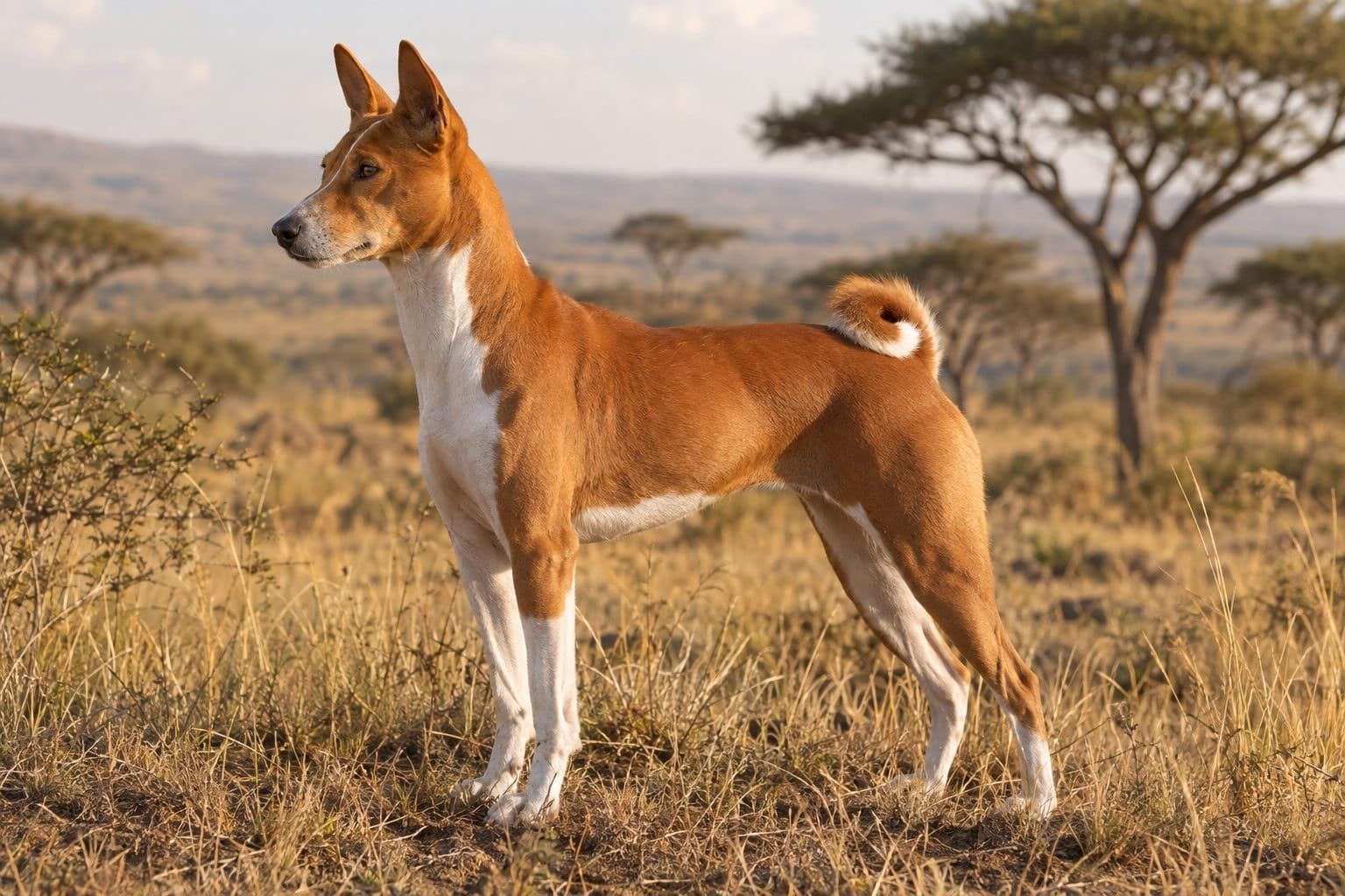 Un Basenji adulte en profil dans son habitat naturel africain