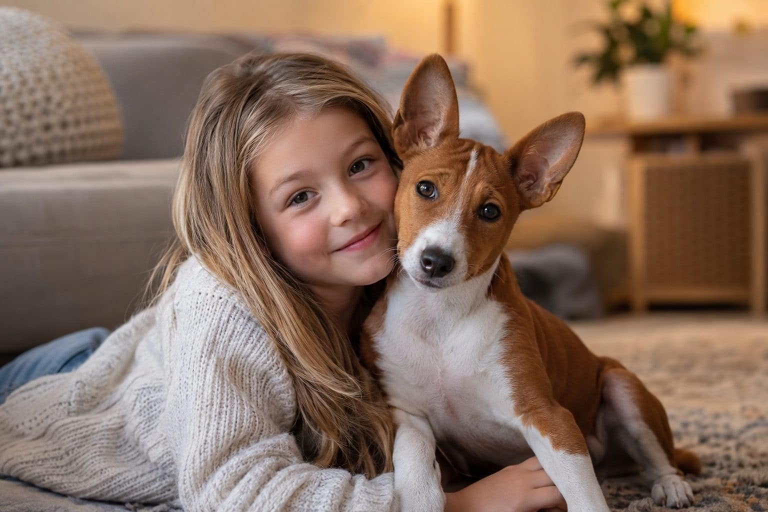Un jeune Basenji affectueux avec un enfant en intérieur