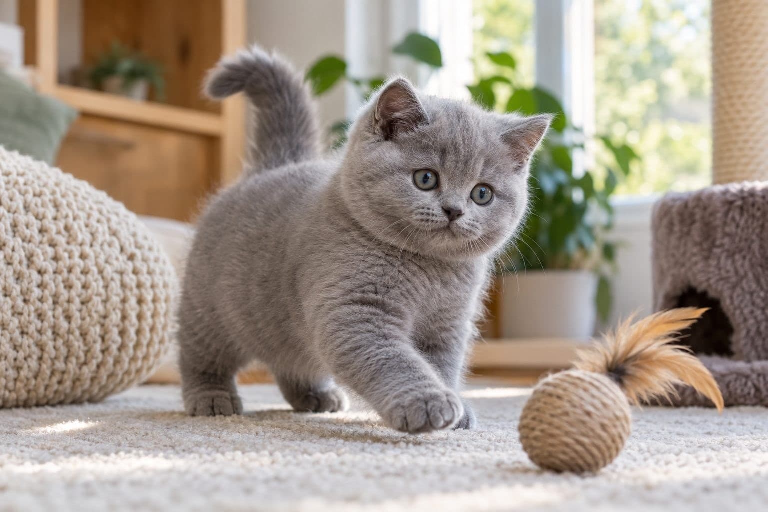 Chaton British Shorthair jouant ou explorant
