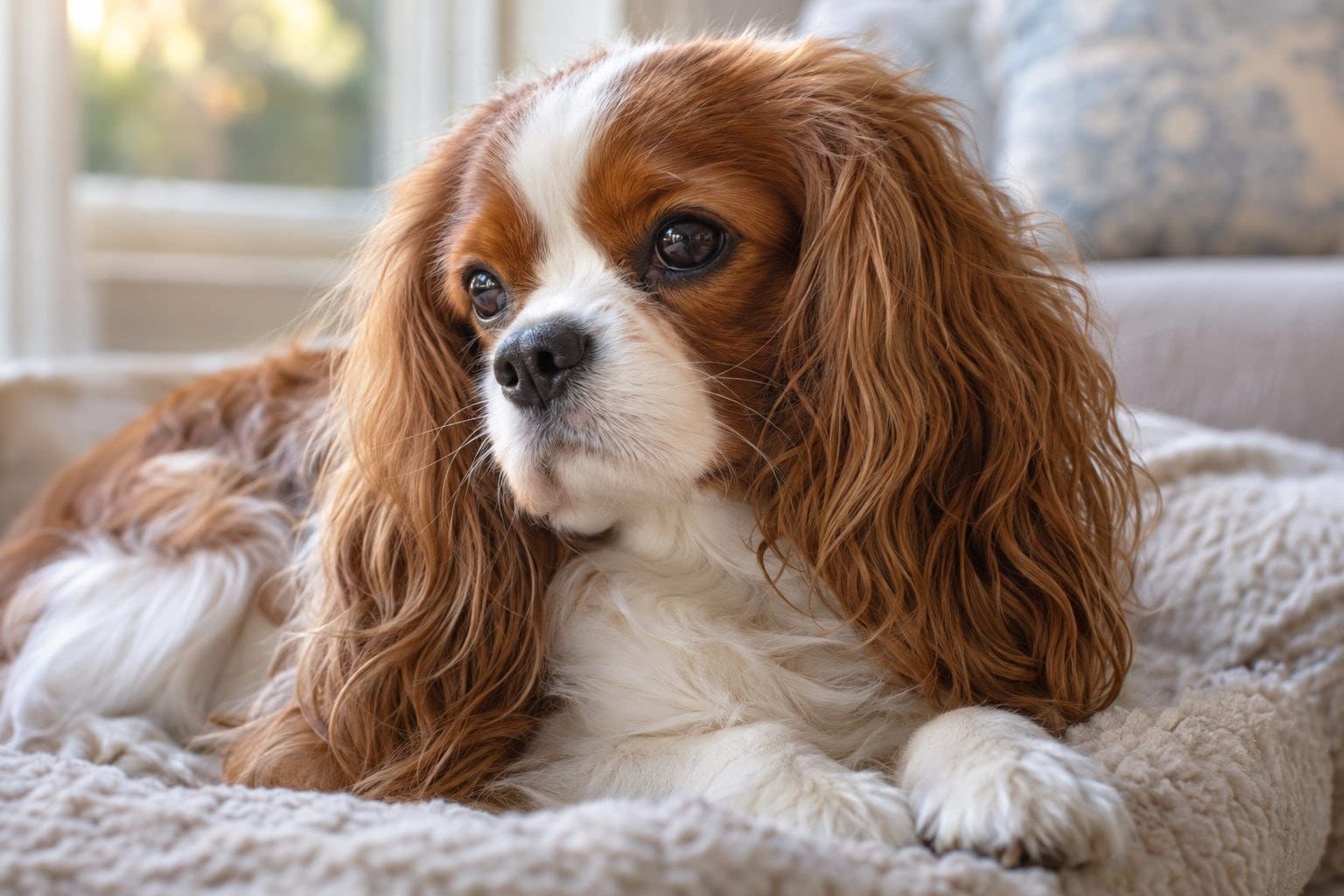 Cavalier King Charles au repos, portrait de trois-quarts montrant ses traits distinctifs