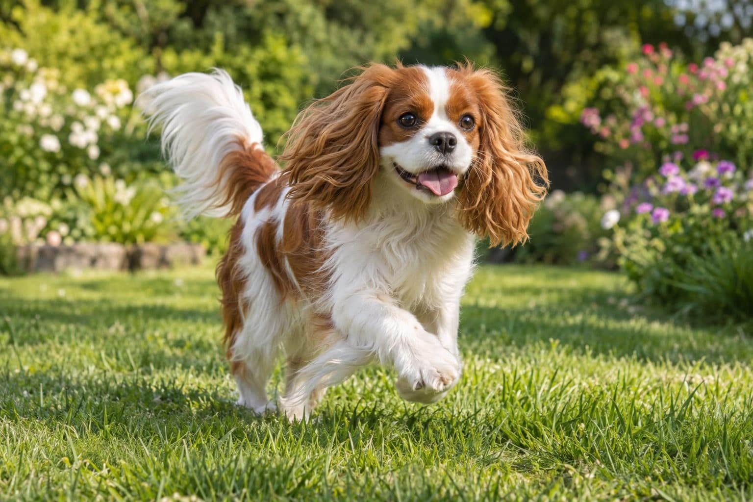 Cavalier King Charles jouant activement dans un jardin, montrant sa vitalité et sa santé