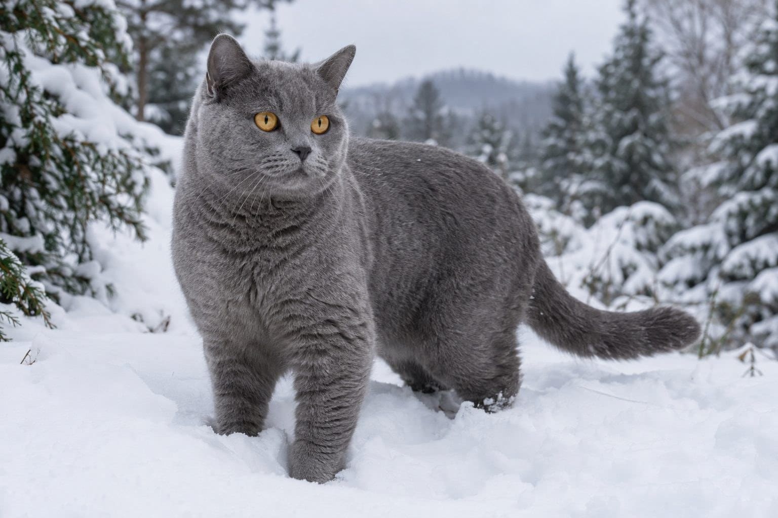 Chat Chartreux adulte dans la neige, montrant son pelage bleu-gris dense et imperméable