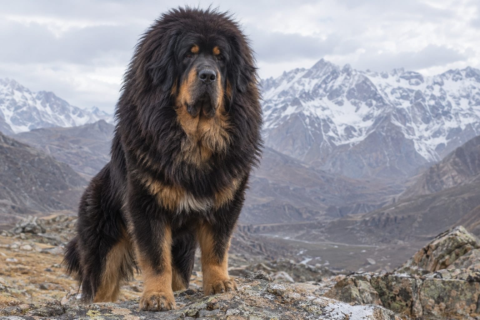 Dogue du Tibet de face, montrant sa corpulence massive
