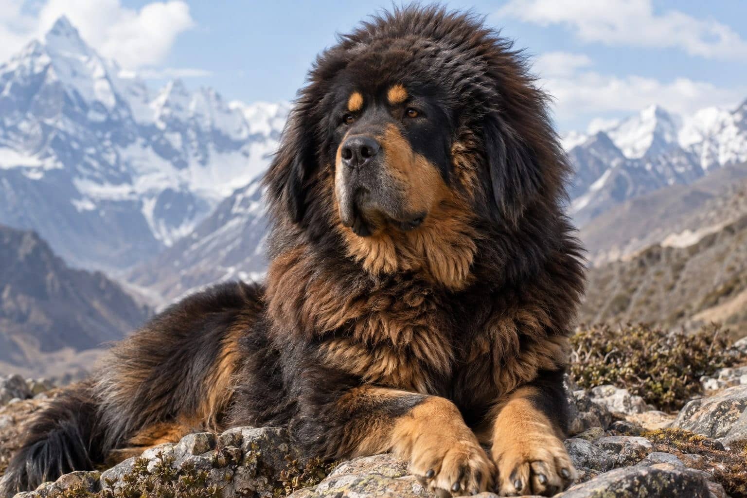 Dogue du Tibet en position de repos, expression fière et distante
