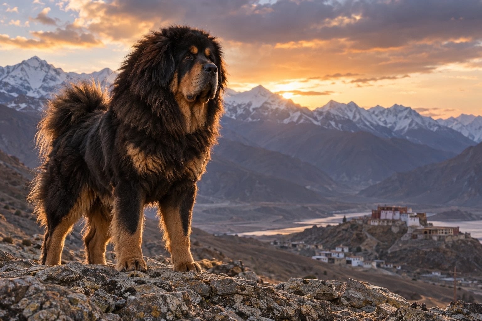 Dogue du Tibet en action de surveillance, vigilant et protecteur